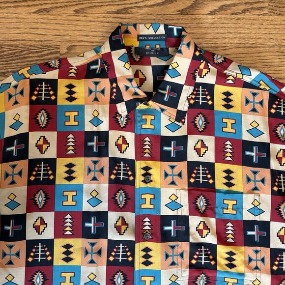 VINTAGE TIMNEY FOWLER FOR GO SILK ALL OVER PRINT MENS SHIRT Large Medium Tribal - Picture 4 of 11